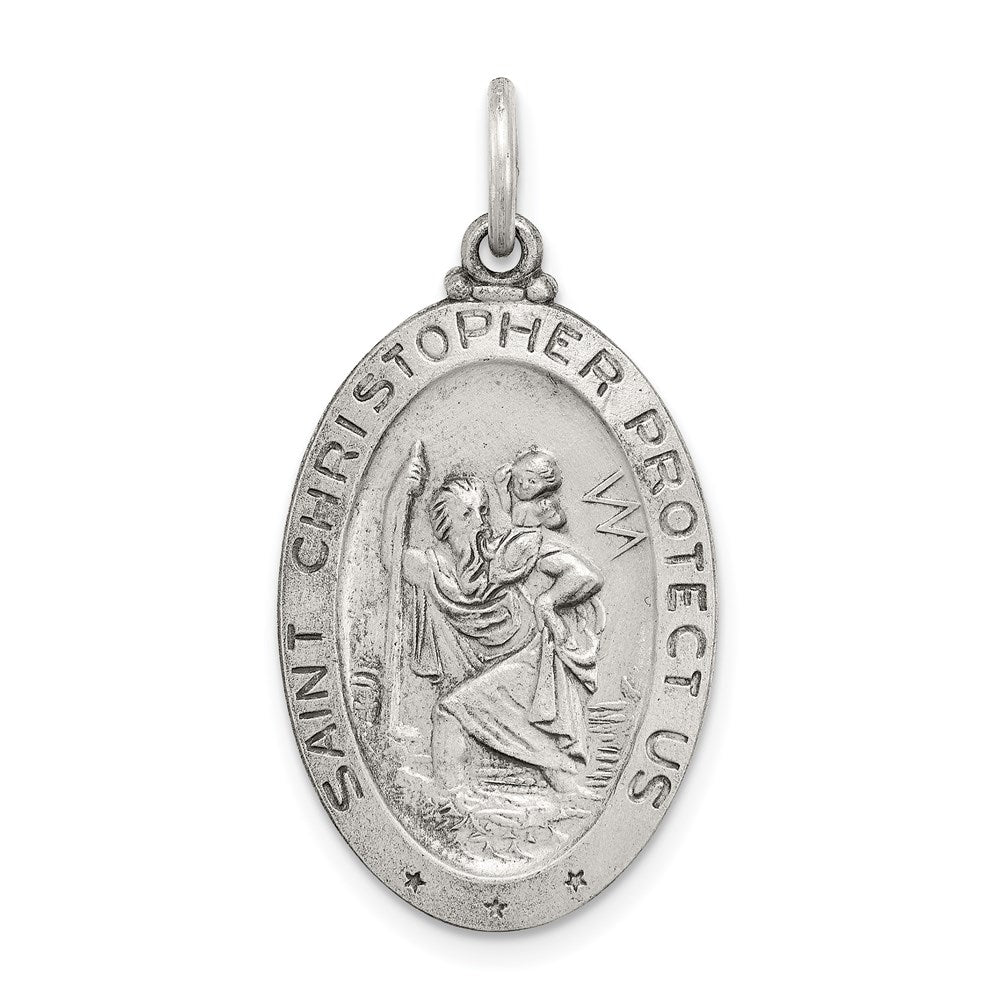 Sterling Silver Antiqued St. Christopher Baseball Medal, 30 x 15 mm