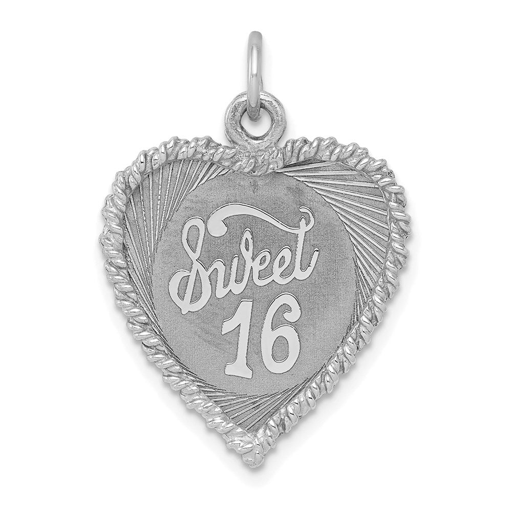 Sterling Silver Rhodium-plated Sweet Sixteen Disc Charm, 29 x 19 mm