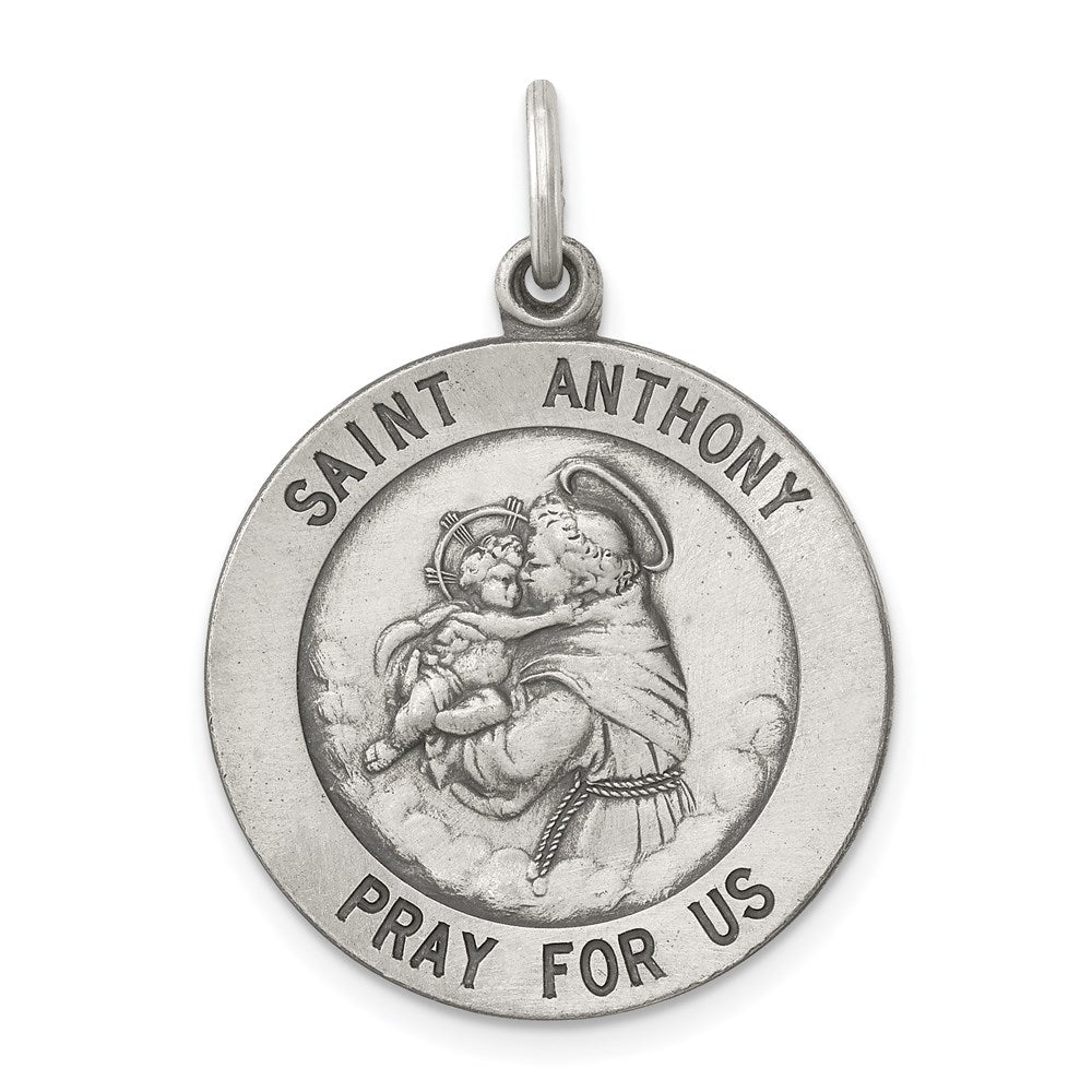 Sterling Silver Antiqued Saint Anthony Medal, 30 x 21 mm