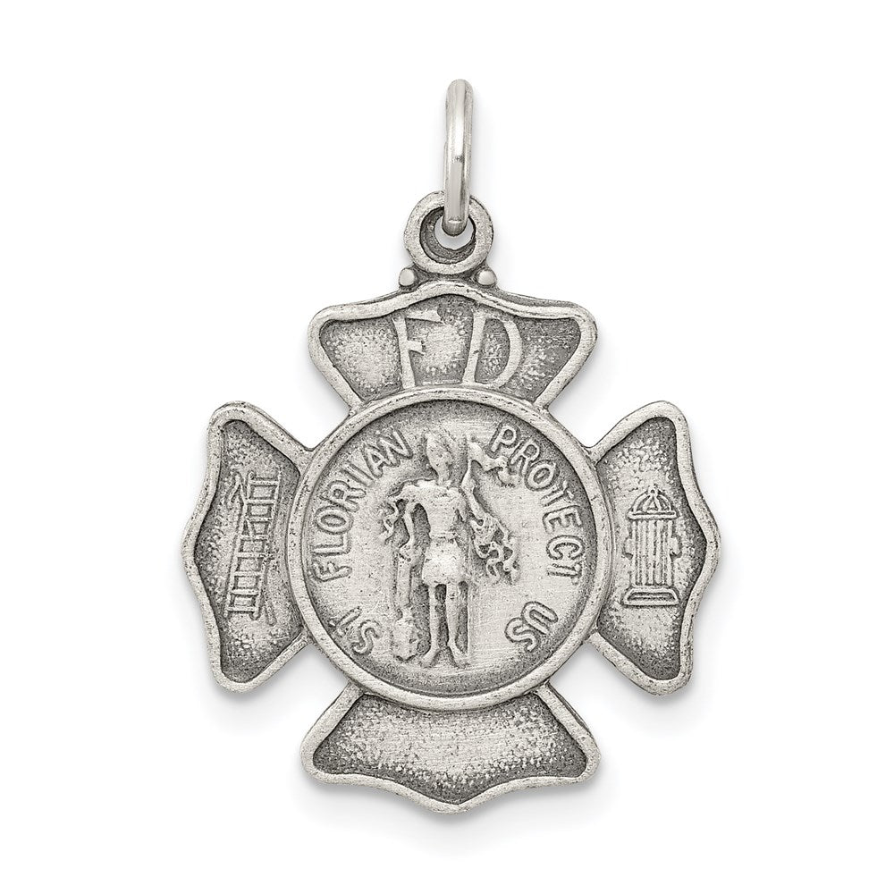 Sterling Silver Antiqued Saint Florian Badge Medal, 25 x 15 mm