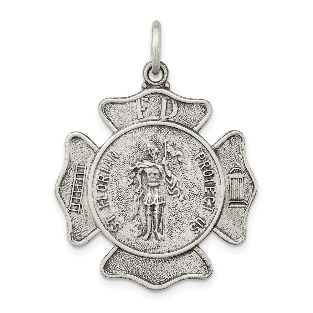 Sterling Silver Antiqued Saint Florian Badge Medal, 35 x 27 mm