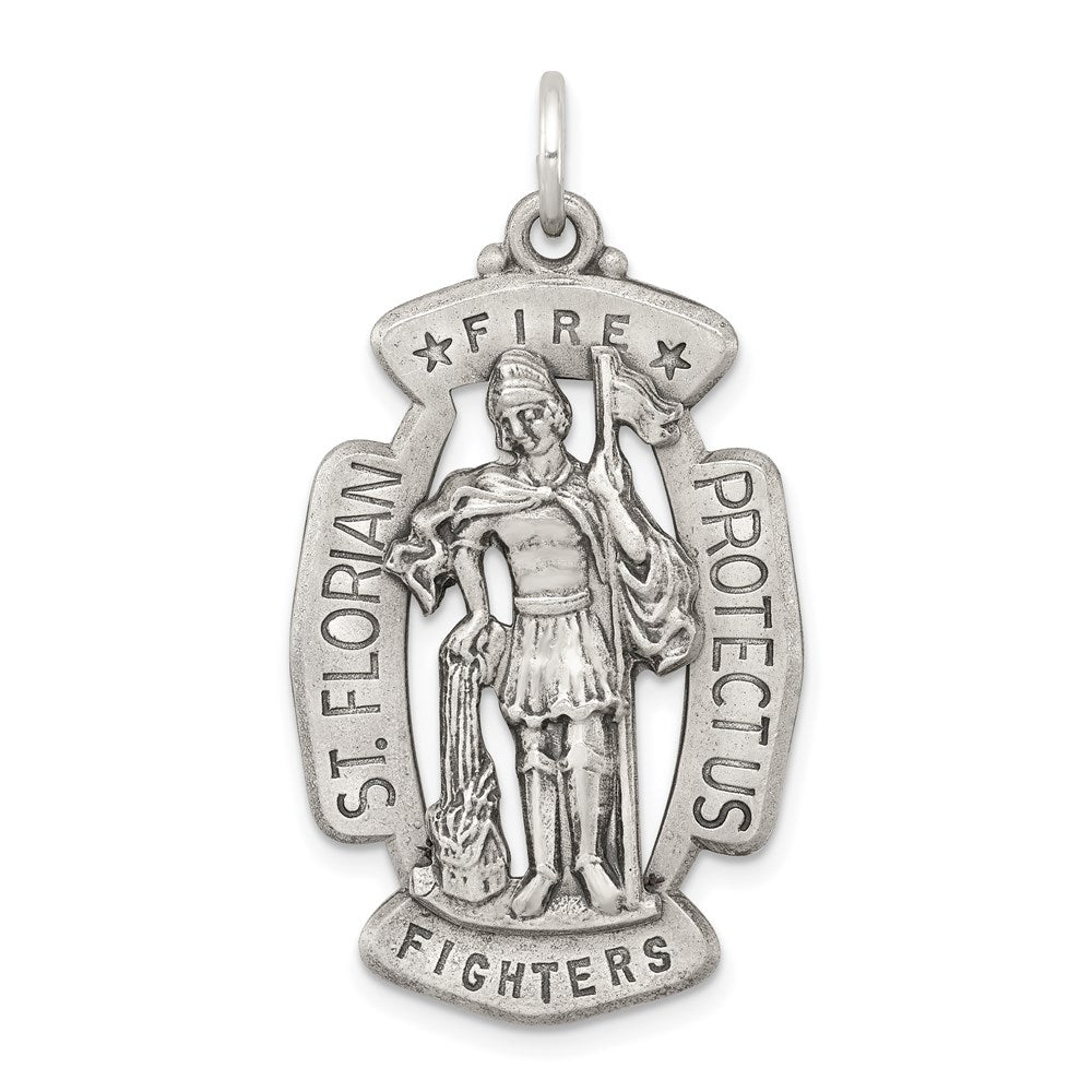 Sterling Silver Antiqued Saint Florian Medal, 40 x 21 mm