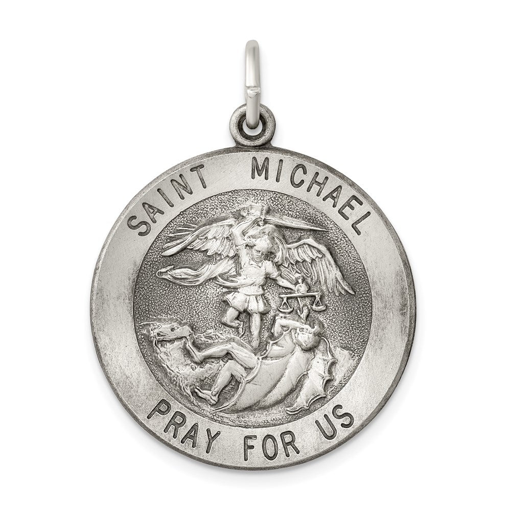 Sterling Silver Antiqued Saint Michael Medal, 35 x 25 mm