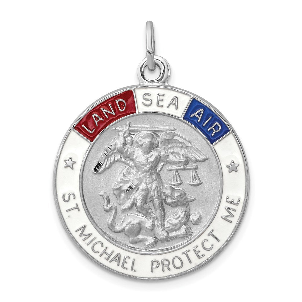 Sterling Silver Platinum-plated Enameled Saint Michael Medal, 35 x 25 mm