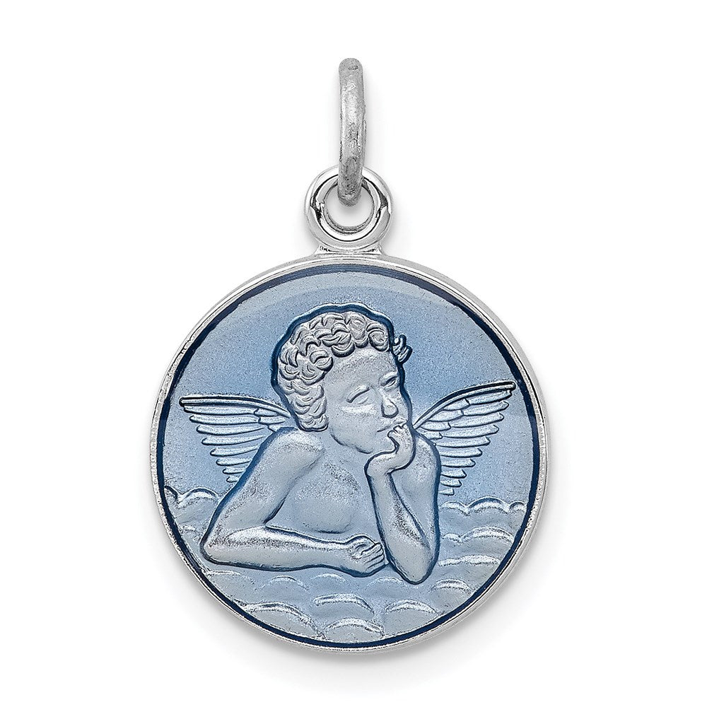 Sterling Silver Platinum-plated Blue Epoxy Angel Charm, 20 x 15 mm