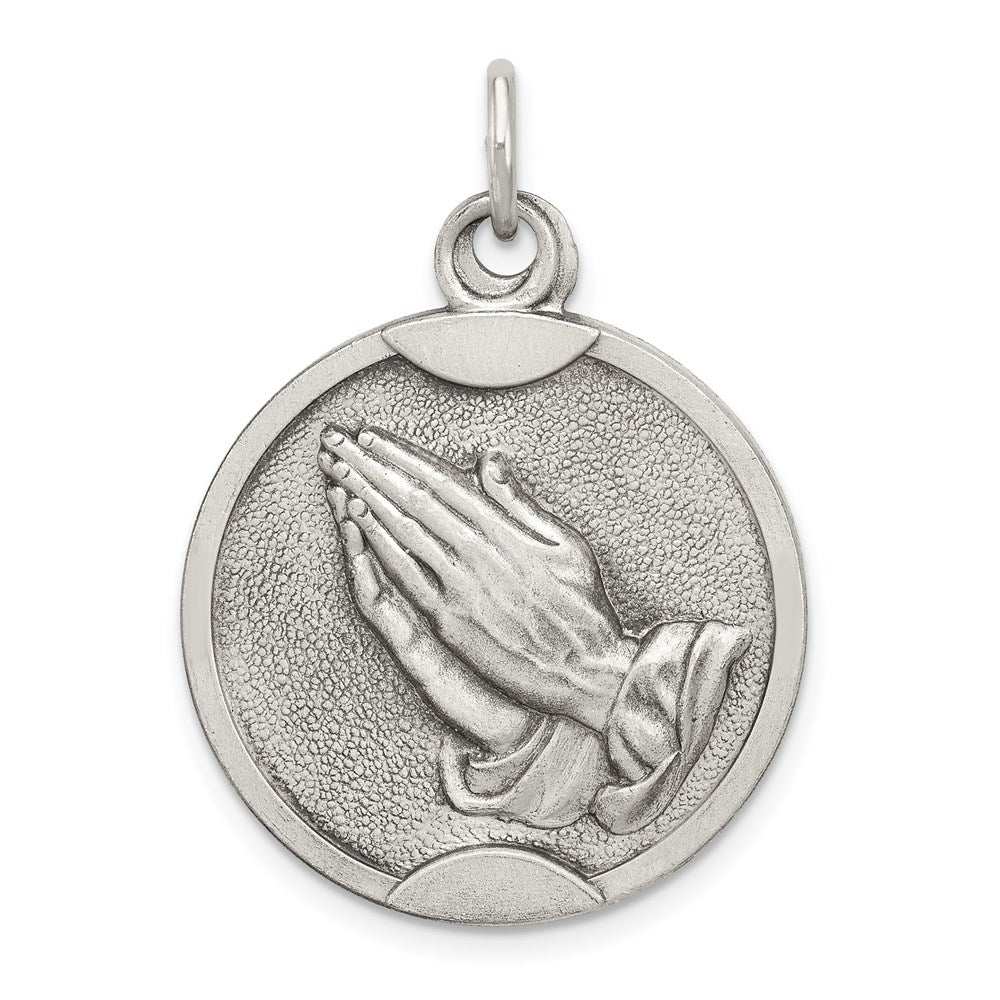 Sterling Silver Antiqued Praying Hands Medal, 20 x 25 mm