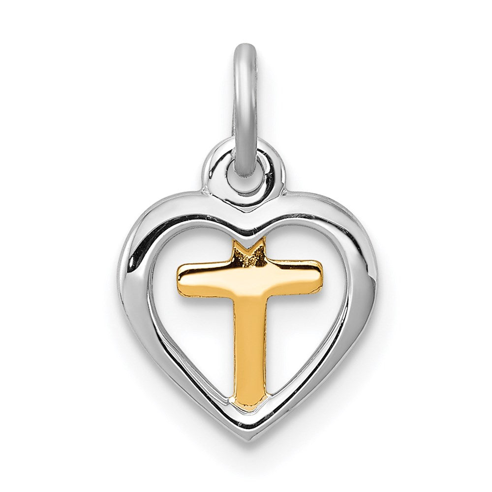 Sterling Silver Platinum-plated & Vermeil Cross in Heart Charm, 15 x 10 mm