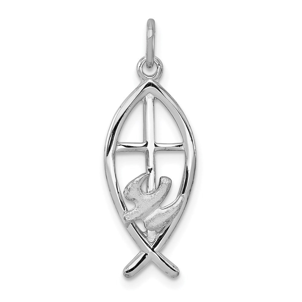 Sterling Silver Platinum-plated Ichthus Fish Charm, 24 x 10 mm, 1.13 g