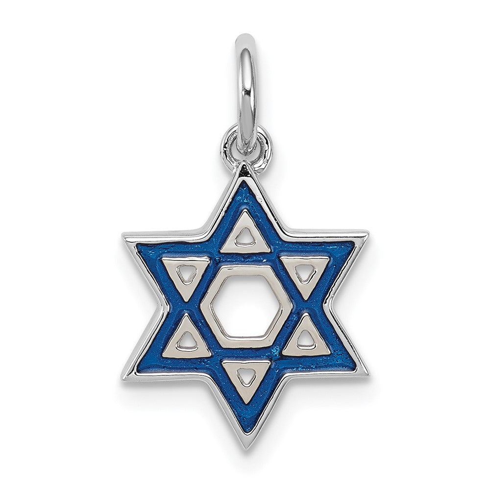 Sterling Silver Rhodium-plated Enameled Blue Star of David Charm, 17 x 13 mm