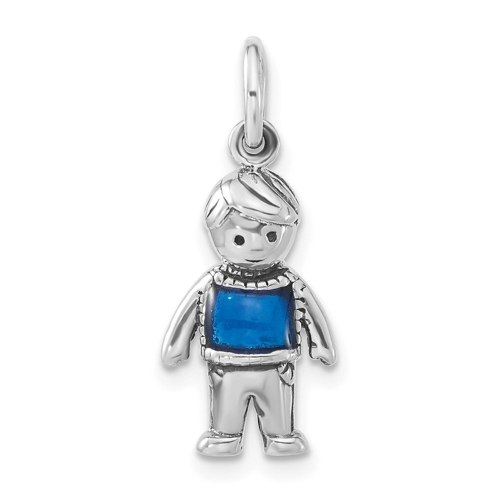 Sterling Silver Polished & Antiqued Blue Enameled Boy Charm, 23.5 x 9.75 mm