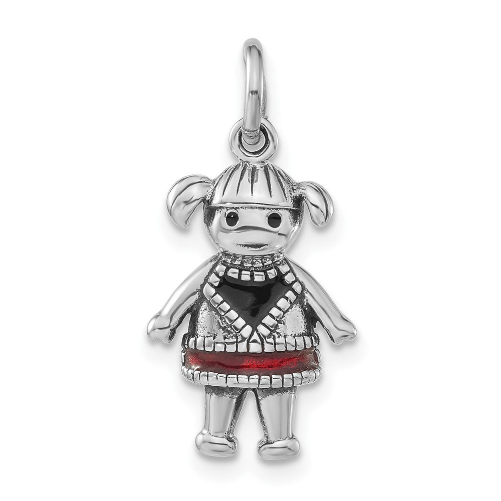 Sterling Silver Polished & Antiqued Red & Black Enamel Girl Charm, 23.33 x 11.65 mm