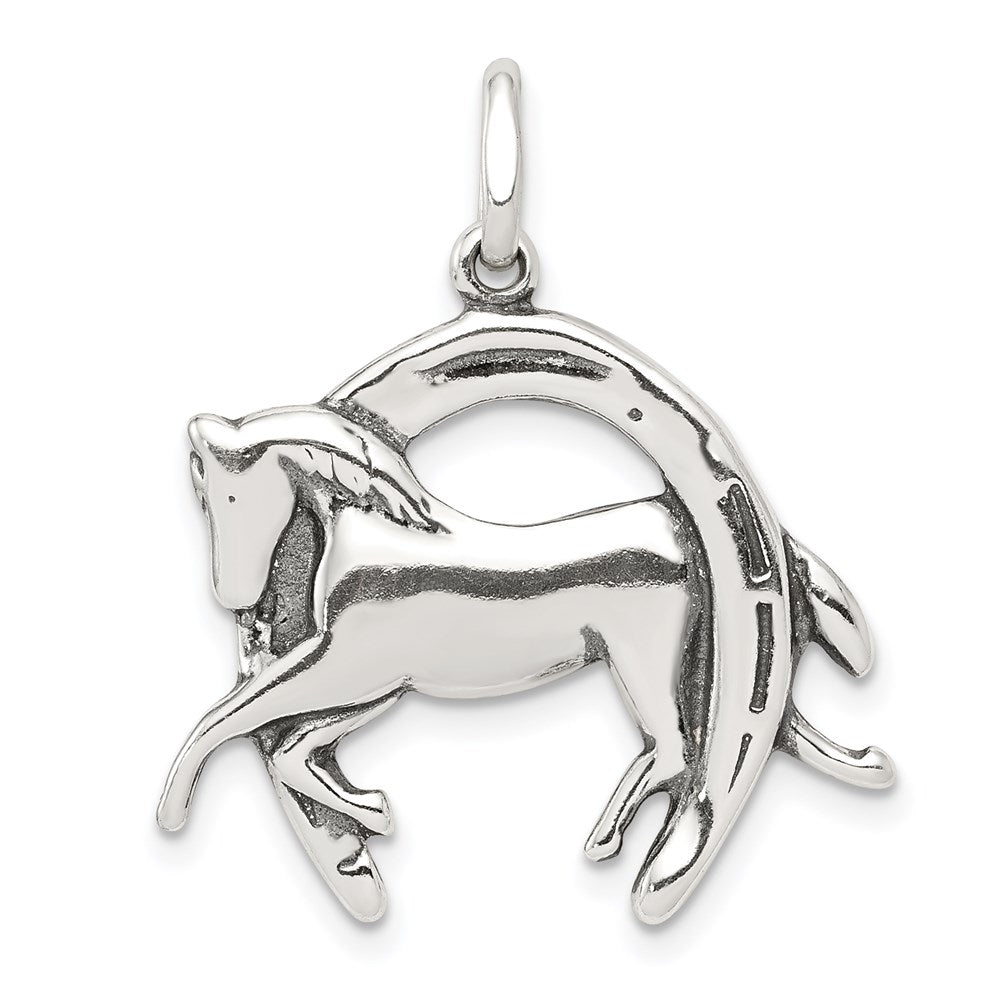 Sterling Silver Antiqued Horse in Horseshoe Charm, 24 x 24 mm