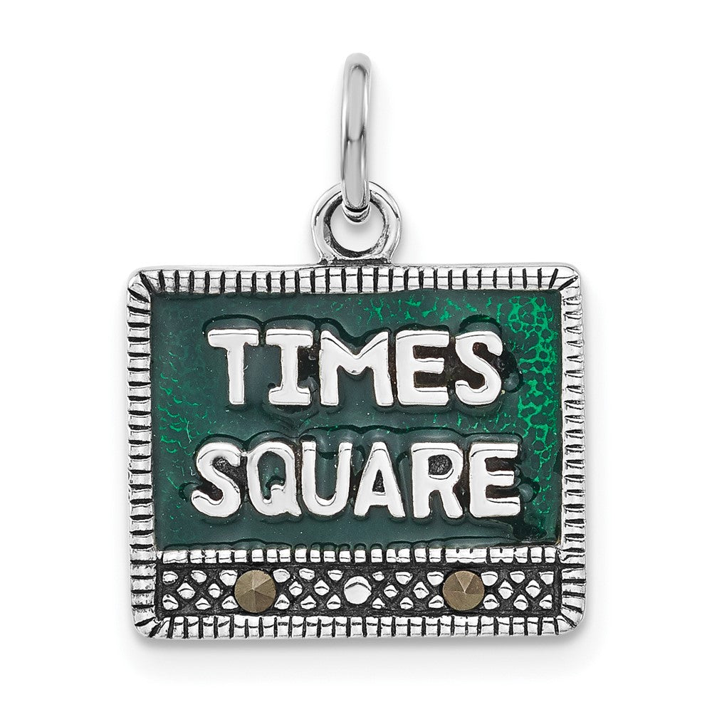Sterling Silver Polished & Antiqued Marcasite Enameled Times Square Charm, 16 x 17 mm