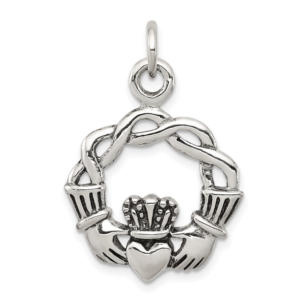 Sterling Silver Antiqued Claddagh Pendant, 29 x 21 mm