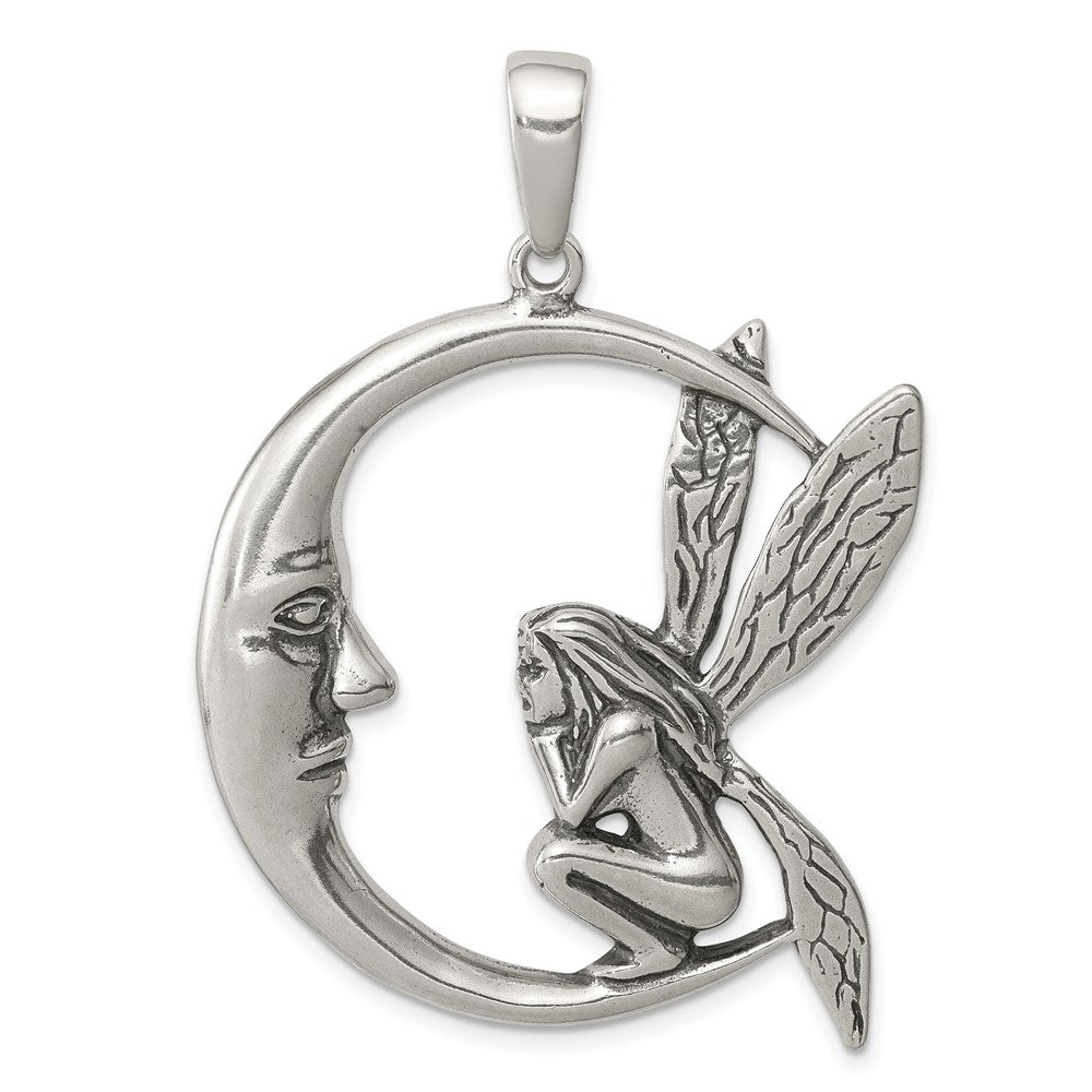 Sterling Silver Antiqued Moon/Fairy Pendant, 50 x 38 mm