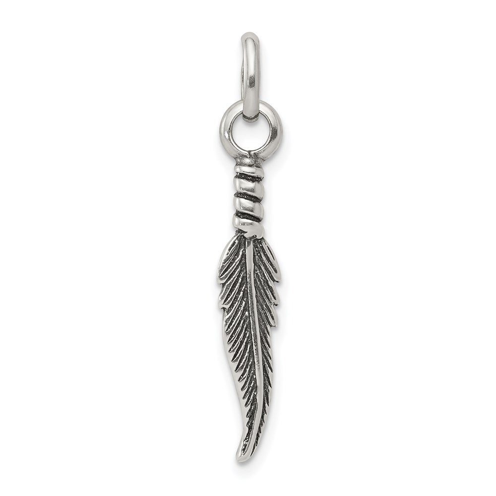 Sterling Silver Antiqued Feather Charm, 30 x 5 mm