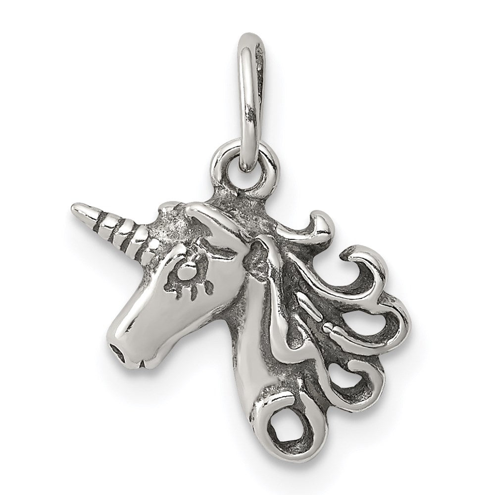 Sterling Silver Antiqued Unicorn Head Charm, 16 x 11 mm
