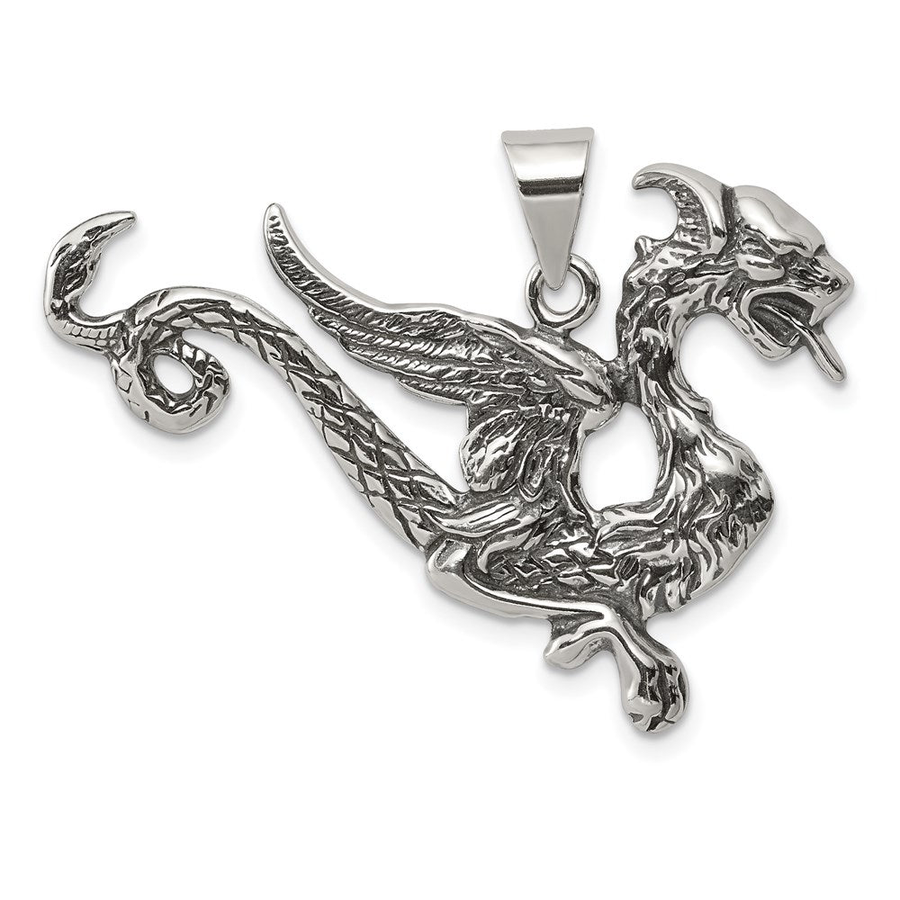 Sterling Silver Antiqued Dragon Charm, 27 x 37 mm