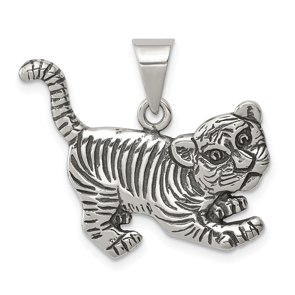 Sterling Silver Antiqued Tiger Charm, 23 x 26 mm