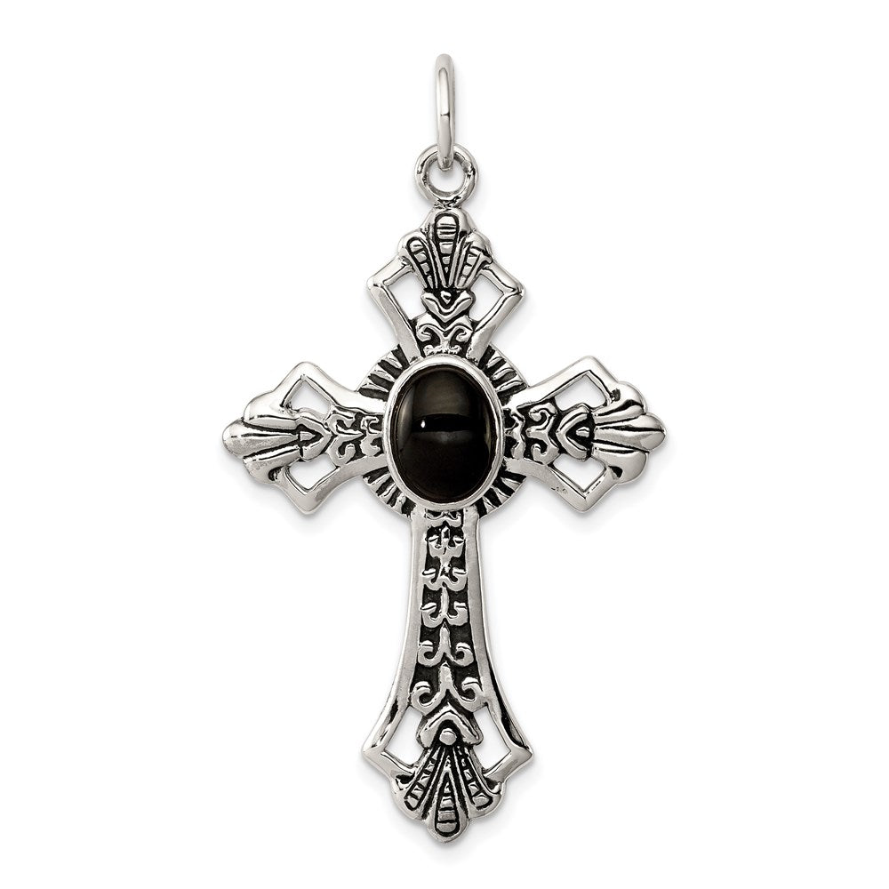Sterling Silver Onyx Antiqued Cross Pendant, 43 x 27 mm