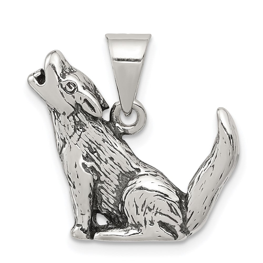 Sterling Silver Antiqued Wolf Charm, 19 x 21 mm