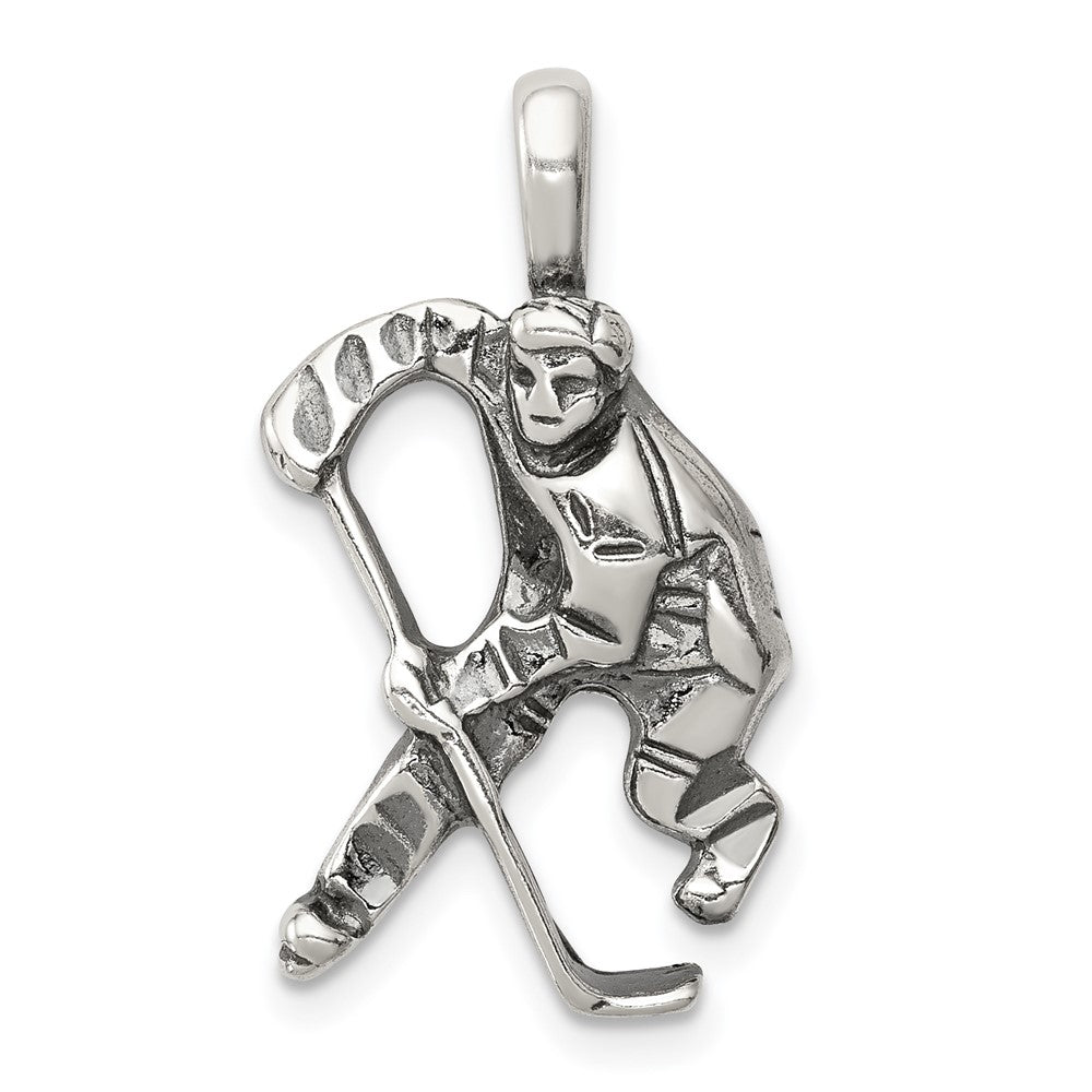 Sterling Silver Antiqued Hockey Player Charm, 25 x 15 mm