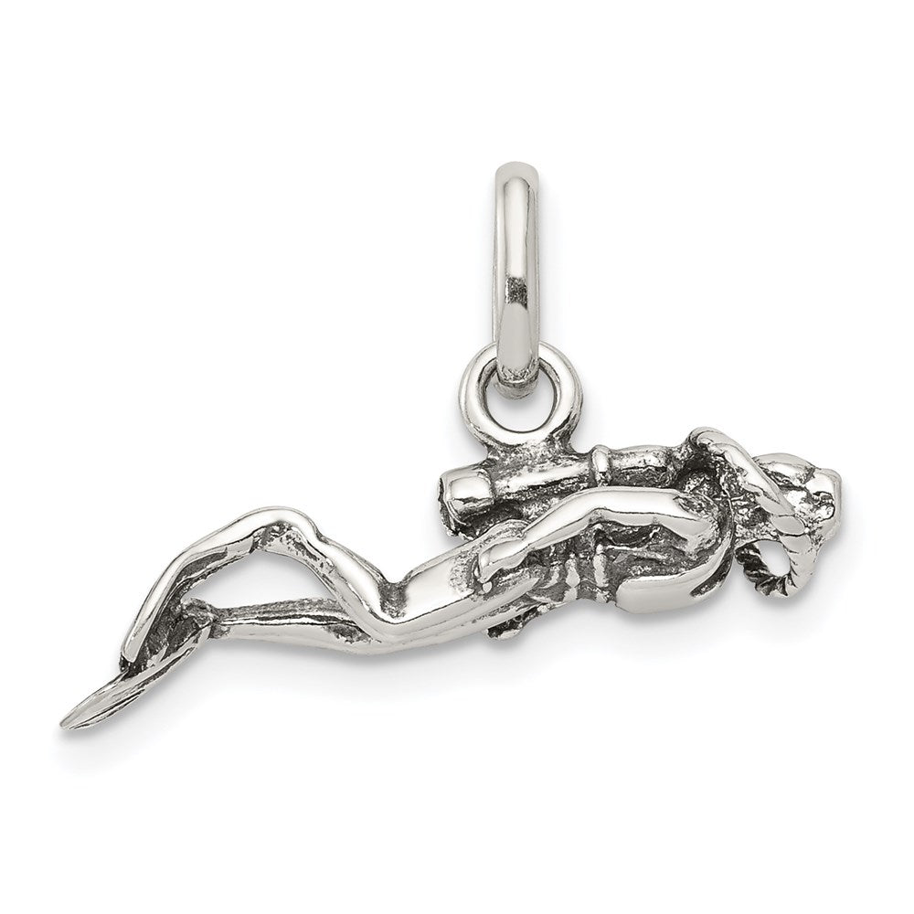Sterling Silver Antiqued Scuba Diver Charm, 11 x 22.5 mm