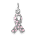 Sterling Silver Rhodium-plated Enameled Pink Ribbon Charm, 21 x 10 mm