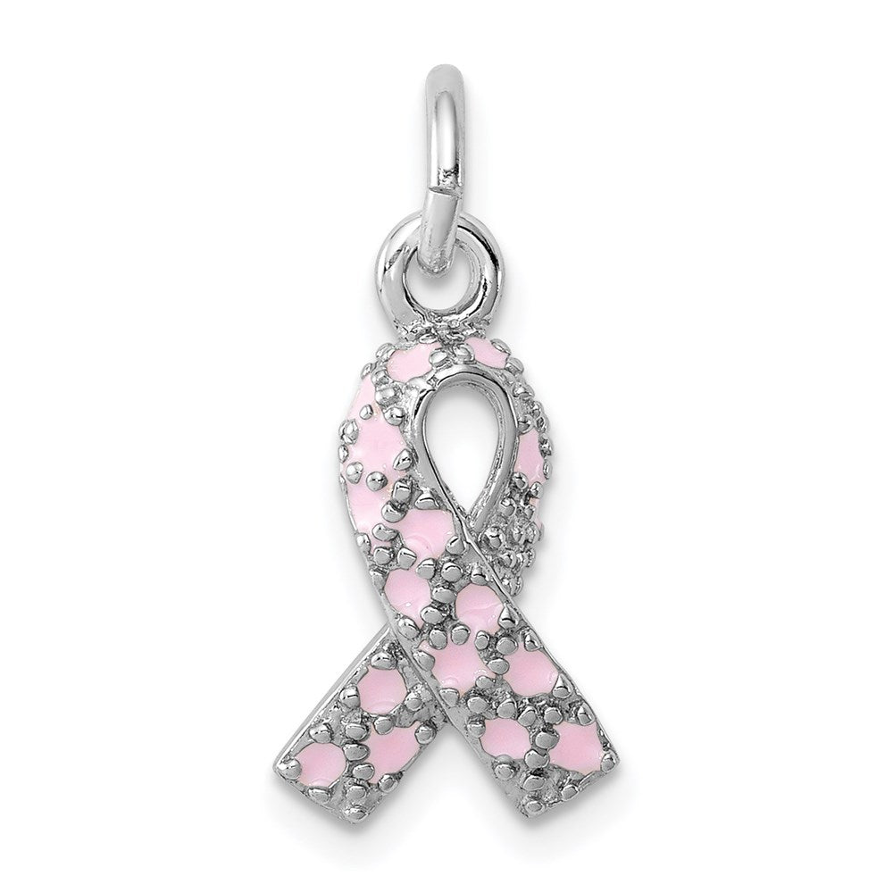 Sterling Silver Rhodium-plated Enameled Pink Ribbon Charm, 21 x 10 mm