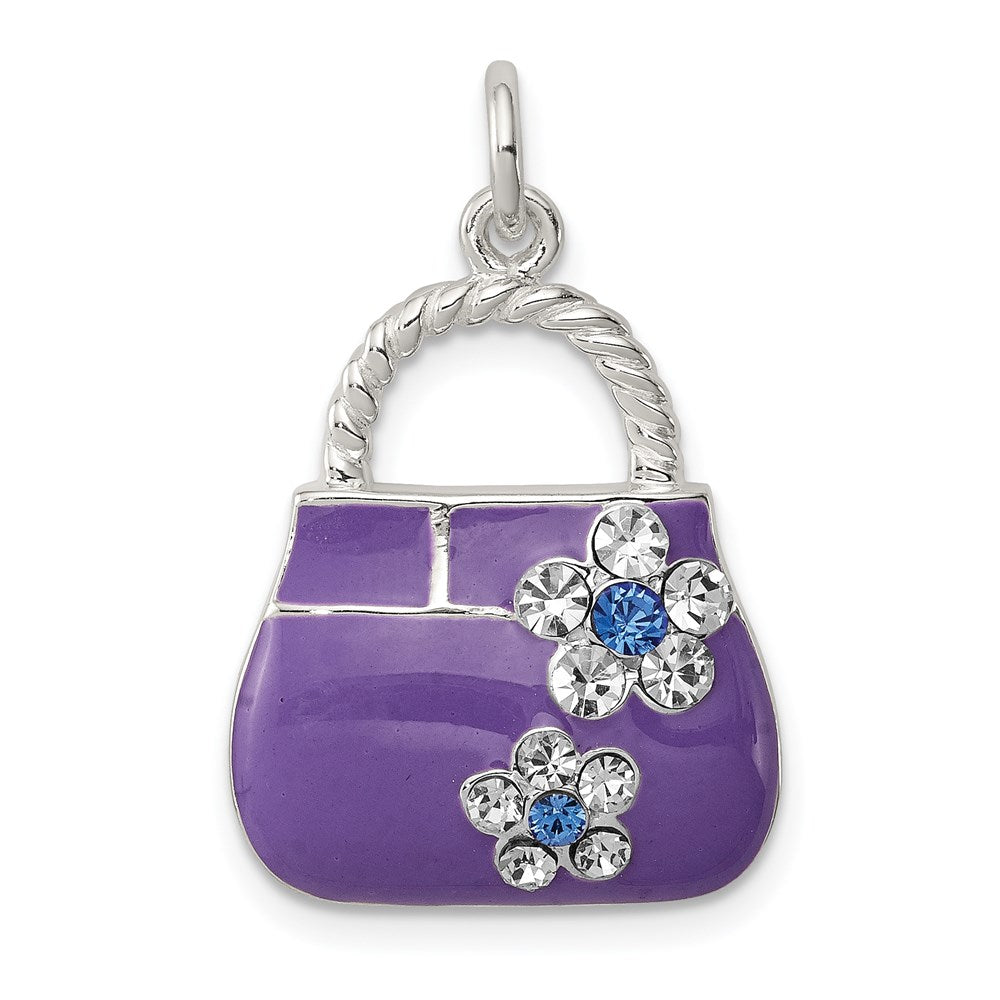 Sterling Silver Rhodium-plated Purple Enameled CZ Purse Charm, 25 x 17 mm