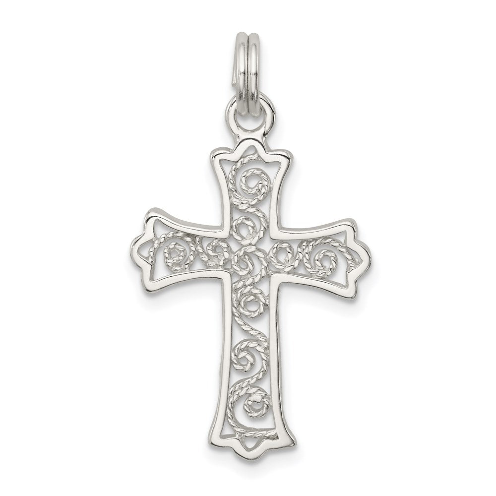 Sterling Silver Rhodium-plated Filigree Cross Charm, 27 x 17 mm