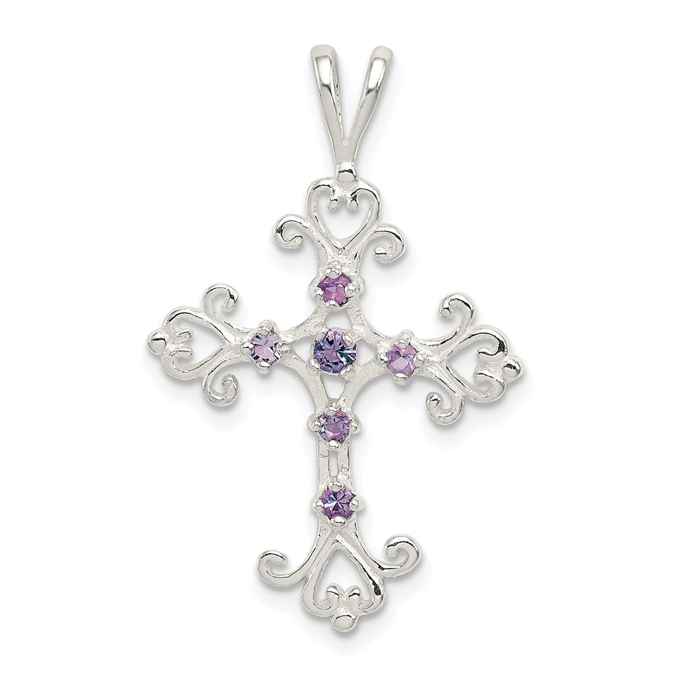 Sterling Silver Purple CZ Cross Charm, 35 x 22 mm
