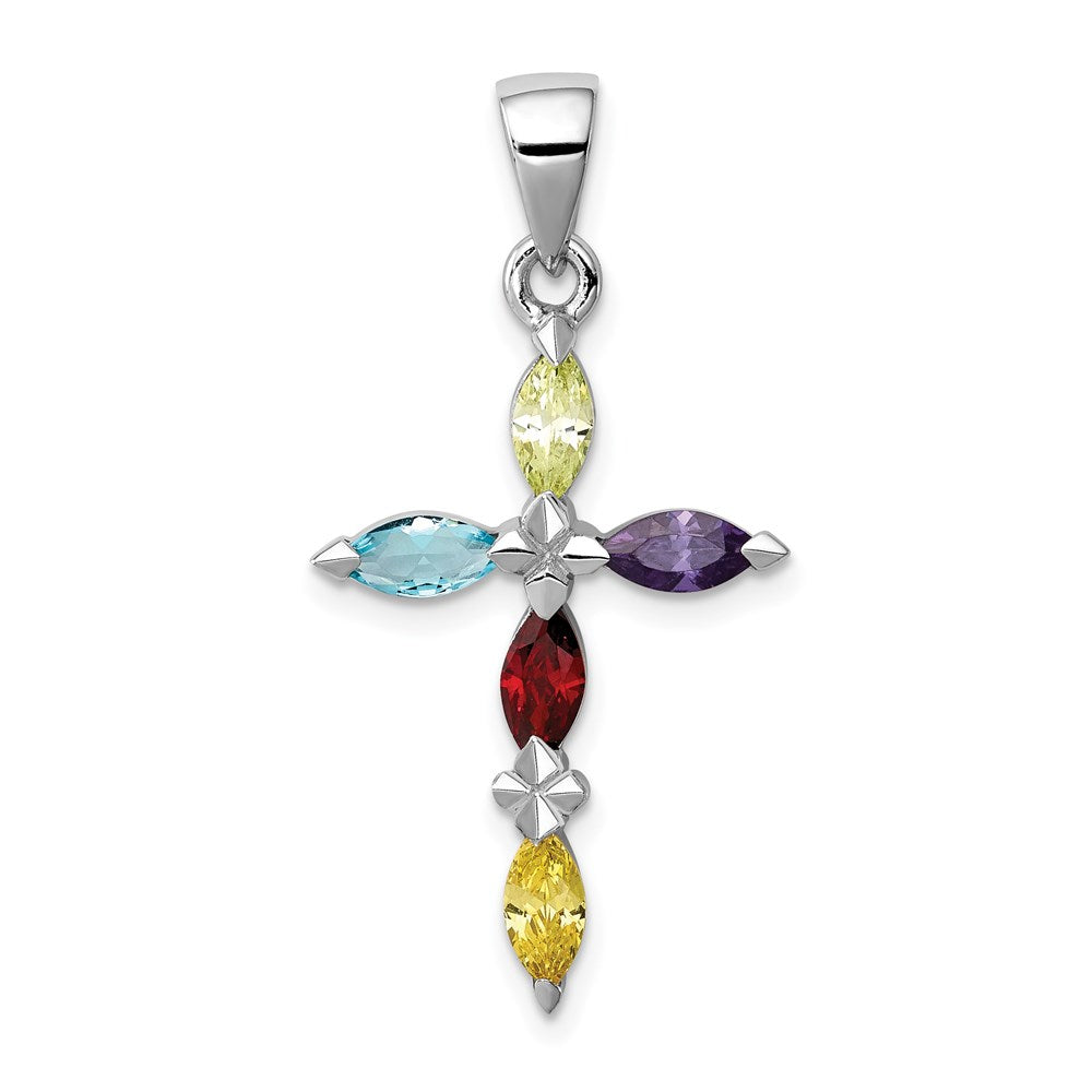 Sterling Silver Rhodium-plated Multi-Color CZ Cross Pendant, 35 x 16 mm