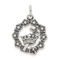 Sterling Silver Antiqued Cross, Crown & Wreath Charm, 18 x 16 mm