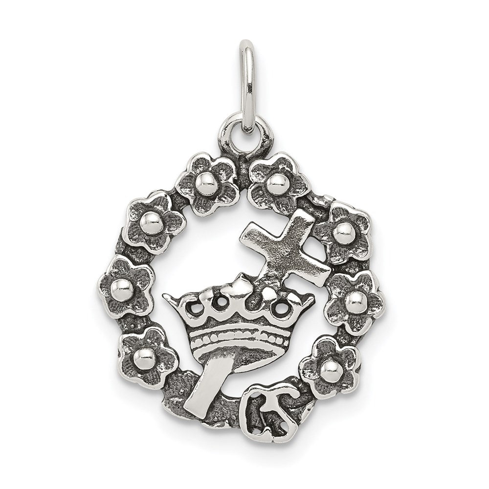 Sterling Silver Antiqued Cross, Crown & Wreath Charm, 18 x 16 mm