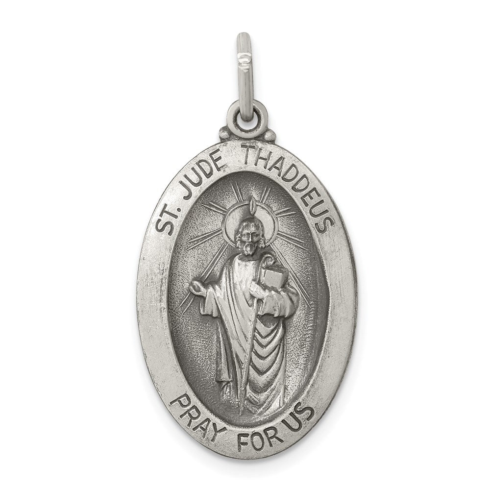 Sterling Silver Antiqued Saint Jude Thaddeus Medal, 32 x 18 mm
