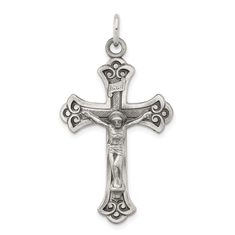 Sterling Silver Antiqued INRI Crucifix Pendant, 40 x 22 mm
