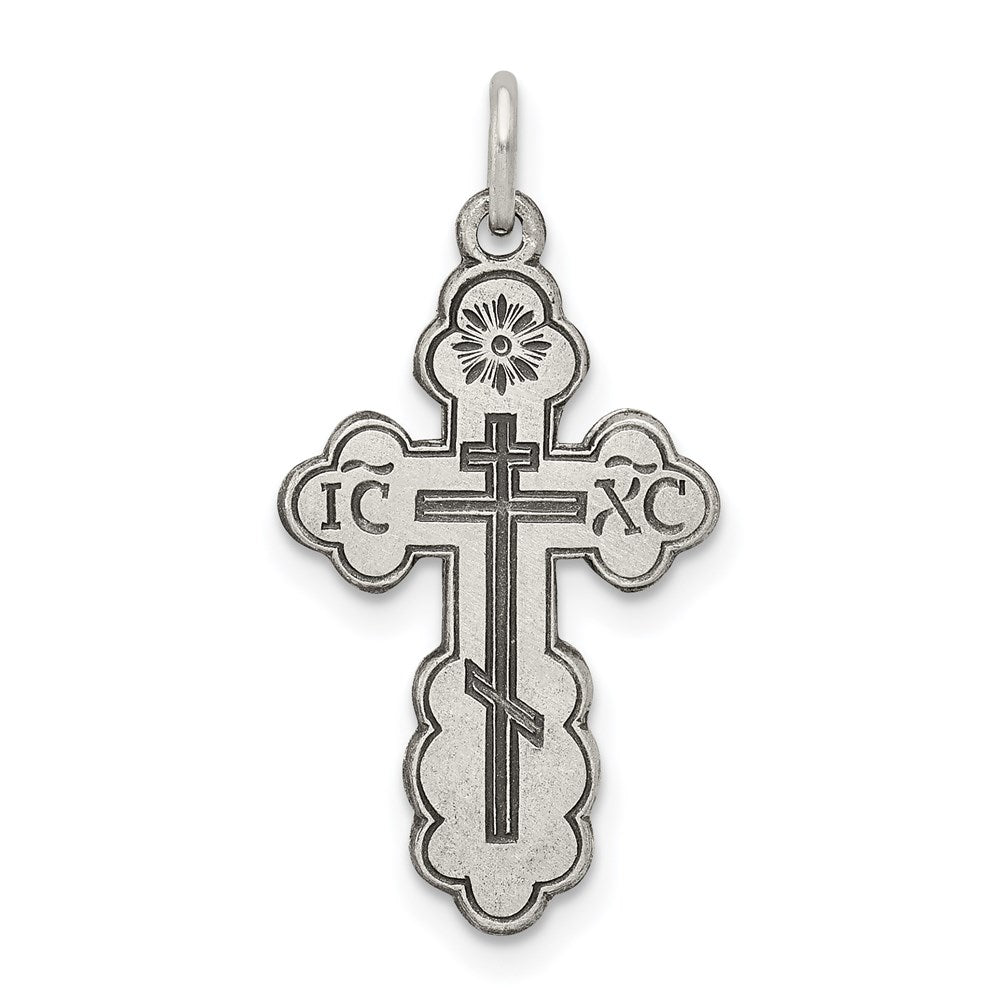 Sterling Silver Antiqued Eastern Orthodox Cross Charm, 22 x 13 mm