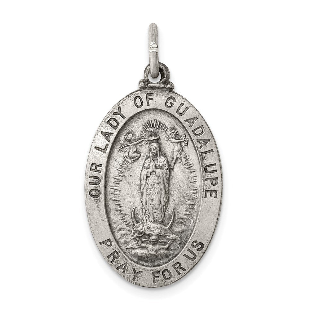 Sterling Silver Antiqued Our Lady of Guadalupe Medal, 31 x 16 mm