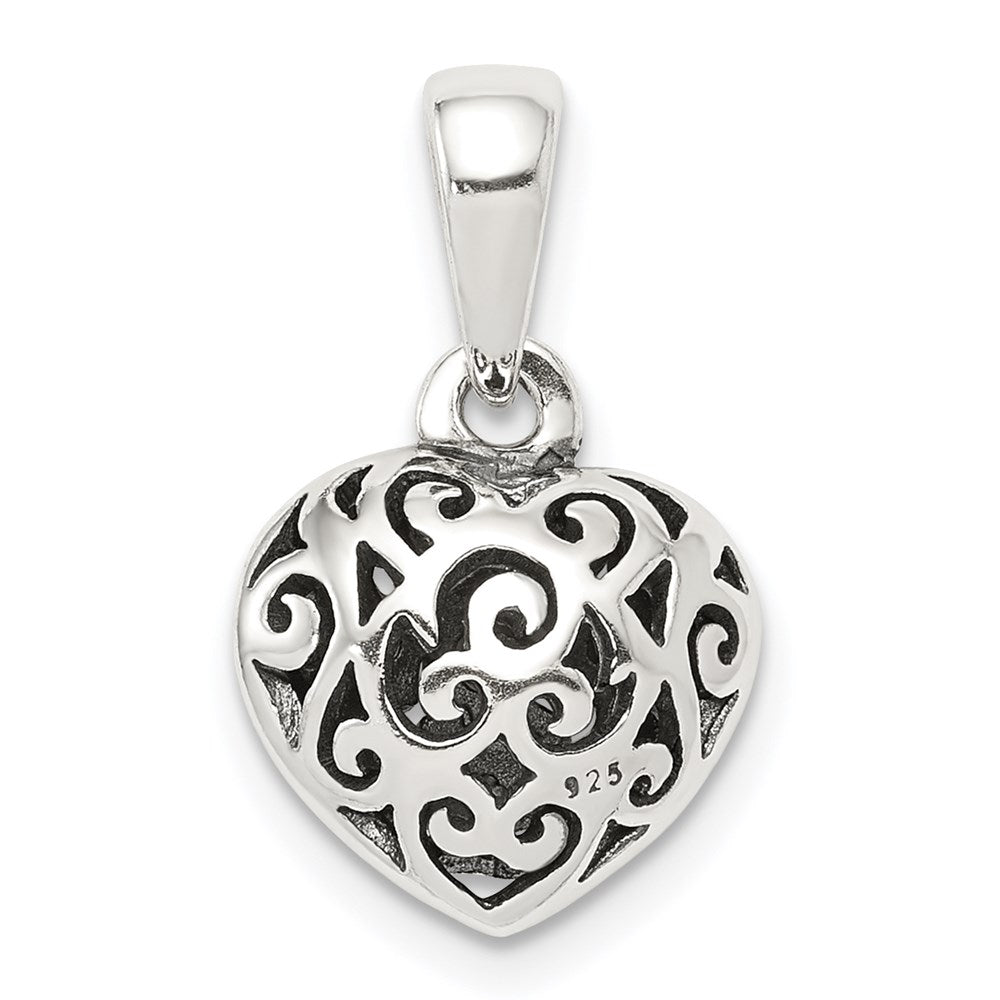 Sterling Silver Antique Filigree Puff Heart Pendant, 13 x 11 mm