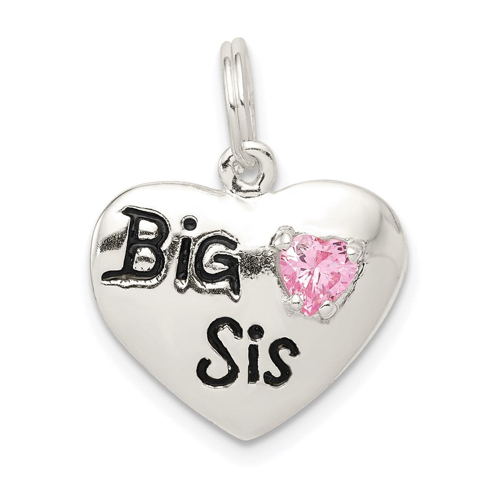 Sterling Silver Rhodium-plated Big Sis CZ Heart Charm, 20 x 17 mm