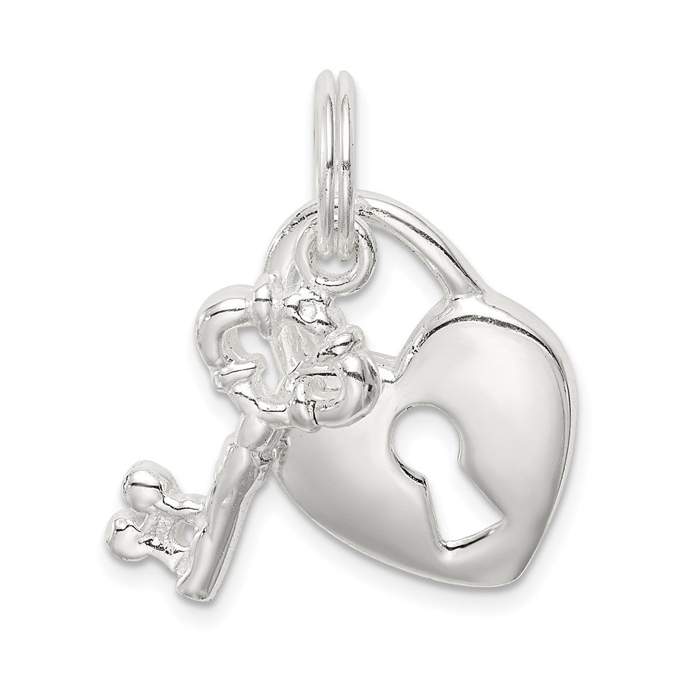 Sterling Silver Rhodium-plated Heart & Key Charm, 21 x 17 mm