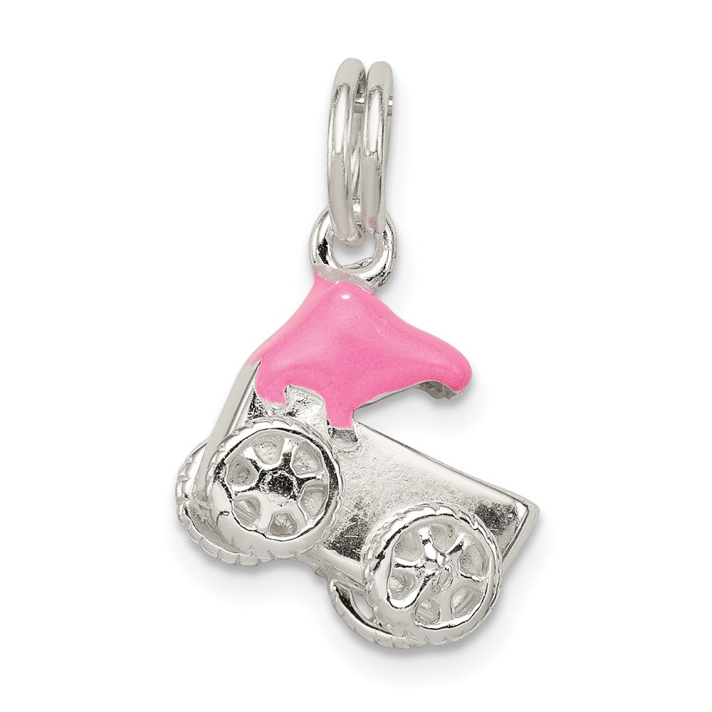 Sterling Silver Pink Baby Carriage Charm, 17 x 12 mm