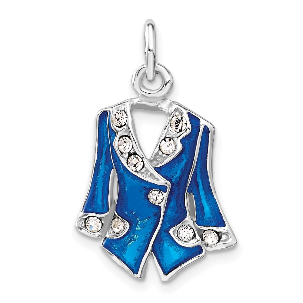 Sterling Silver Blue Enameled and Crystal Jacket Charm, 25 x 15.8 mm