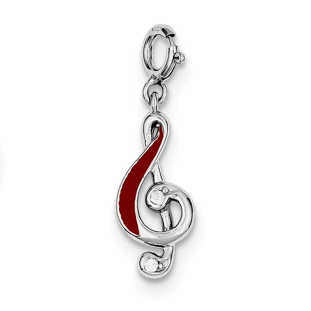 Sterling Silver Rhodium-plated Red Enameled Treble Clef Charm, 22 x 9 mm