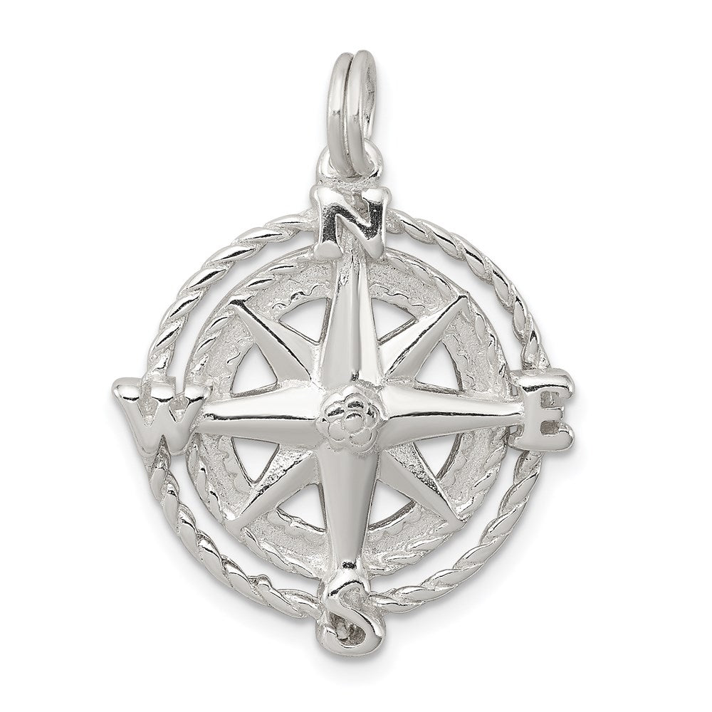 Sterling Silver Rhodium-plated Compass Charm, 22 x 22 mm