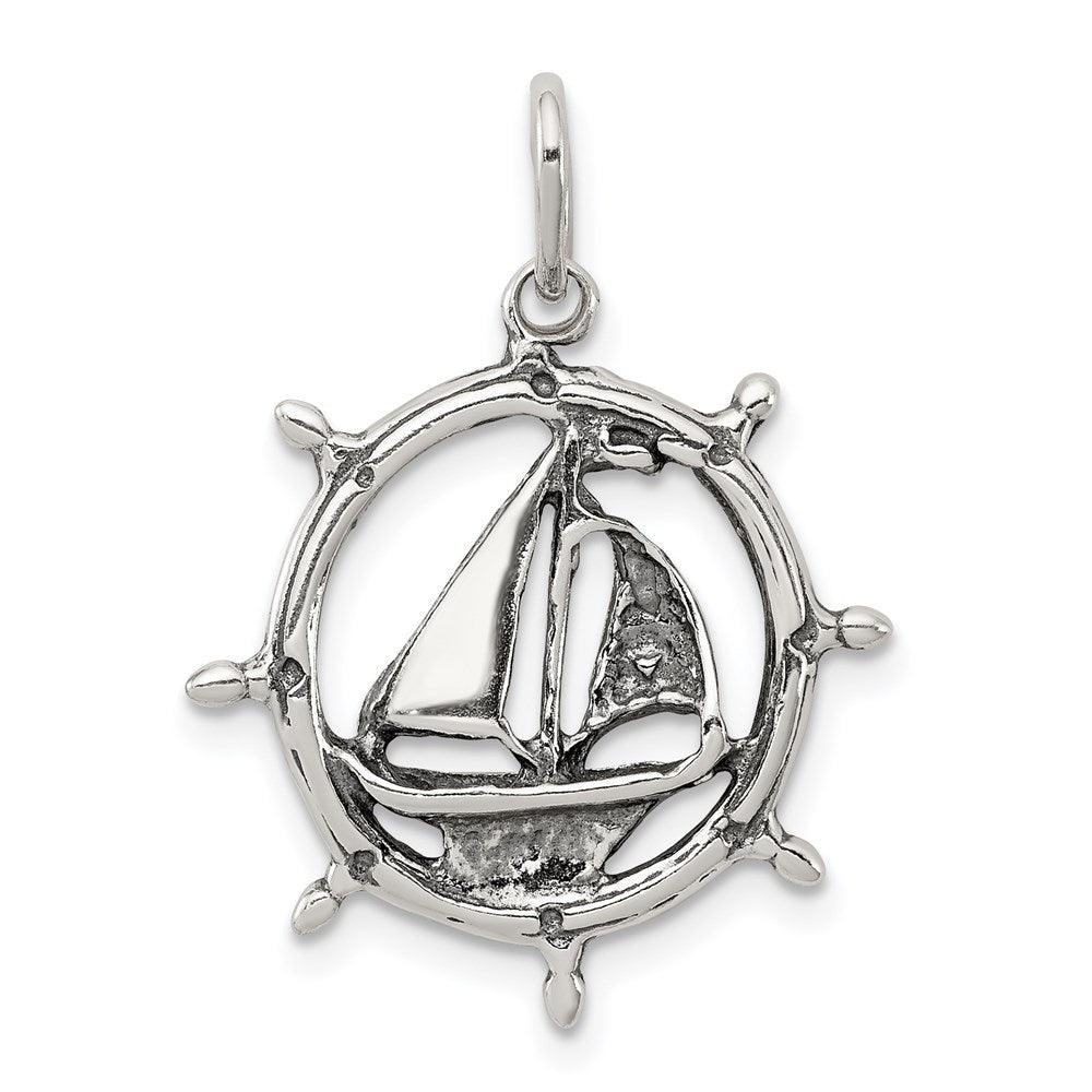 Sterling Silver Antiqued Sailboat in Wheel Charm, 24 x 23 mm