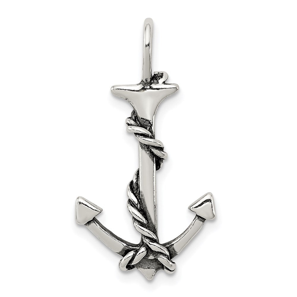 Sterling Silver 3D Antiqued Anchor and Rope Pendant, 31 x 17 mm
