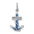 Sterling Silver Rhodium-plated Preciosa Crystals and Blue Enamel Anchor Charm, 22 x 13 mm