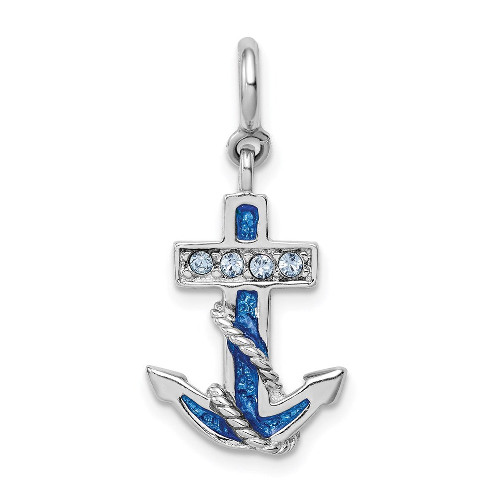 Sterling Silver Rhodium-plated Preciosa Crystals and Blue Enamel Anchor Charm, 22 x 13 mm